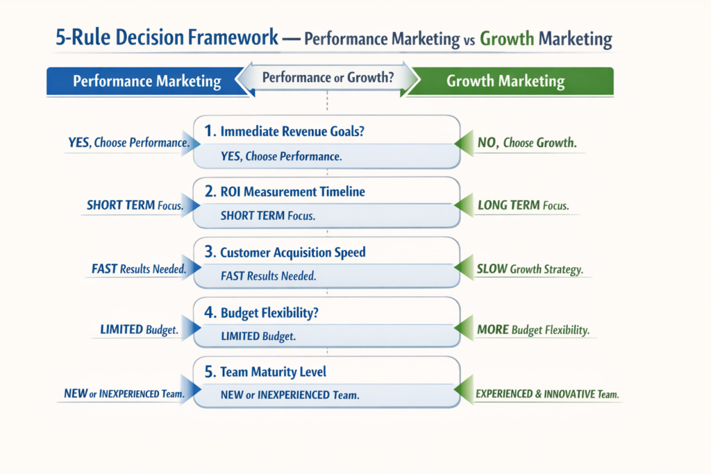 decision framework graphic showing 5 rules for choosing between performance marketing and growth marketing based on revenue timeline measurement and team maturity