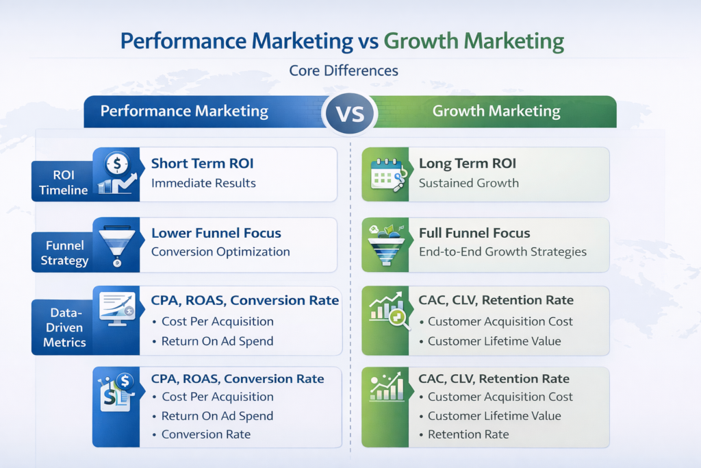infographic comparing performance marketing versus growth marketing across ROI timeline funnel strategy and data-driven marketing metrics
