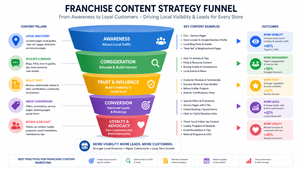 Content strategy funnel infographic for franchise local store marketing and lead generation