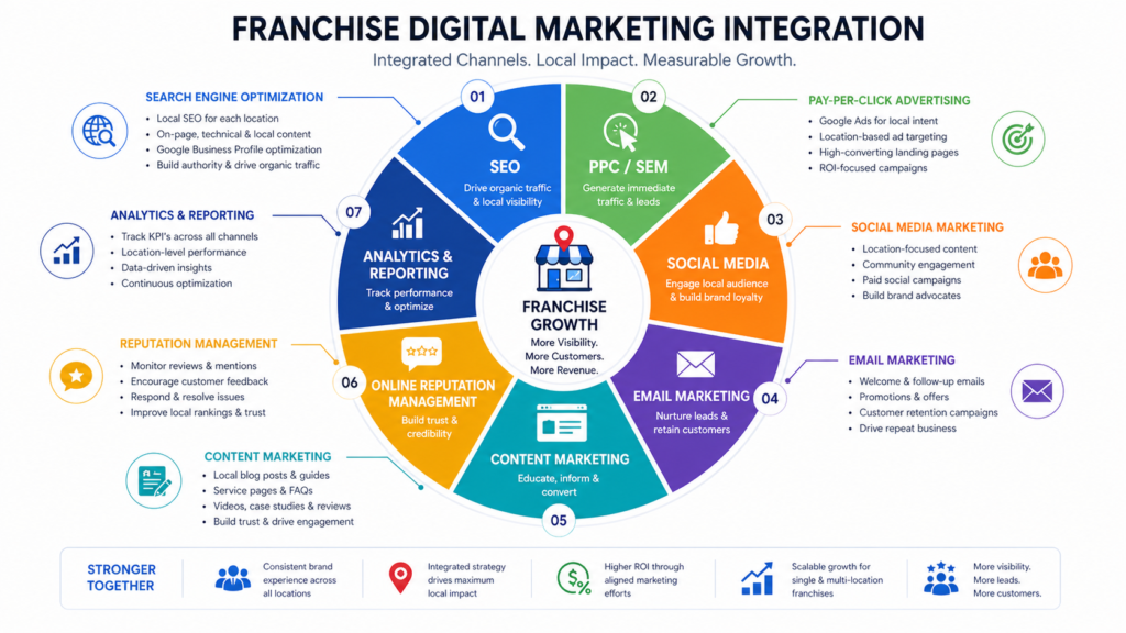 Franchise digital marketing integration chart showing SEO, PPC, social media and email channels