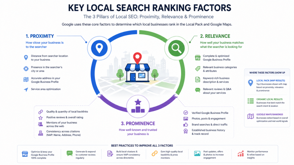 Diagram showing key local search ranking factors for geo-targeted SEO including proximity, relevance and prominence