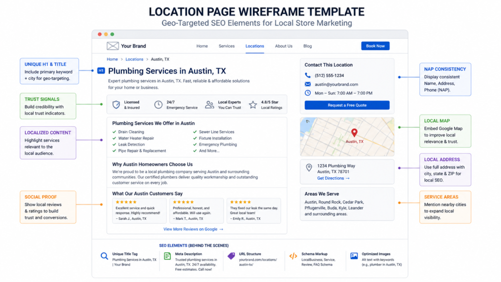 Location page wireframe template showing geo-targeted SEO elements for local store marketing