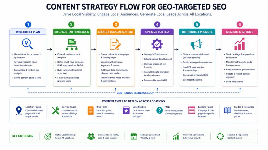 Content strategy flowchart for geo-targeted SEO and local store marketing across multiple locations