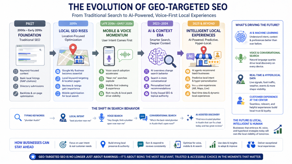 Infographic showing evolution of geo-targeted SEO with AI search and voice search for local store marketing