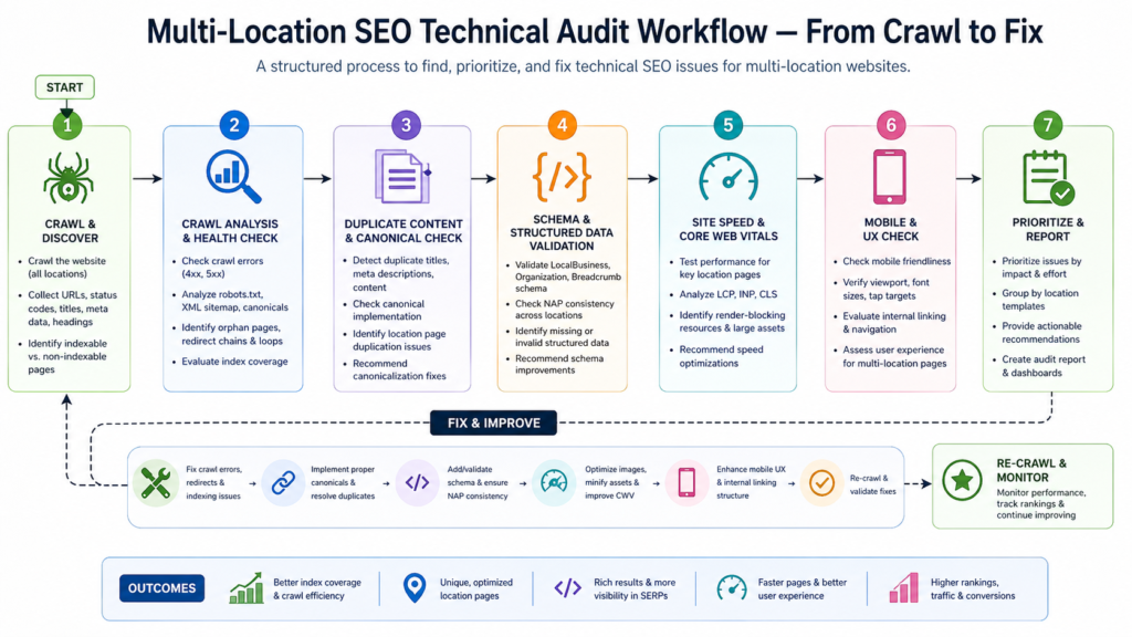 Technical SEO audit flowchart for multi-location websites showing crawl analysis, duplicate content check, schema validation, and speed optimization steps
