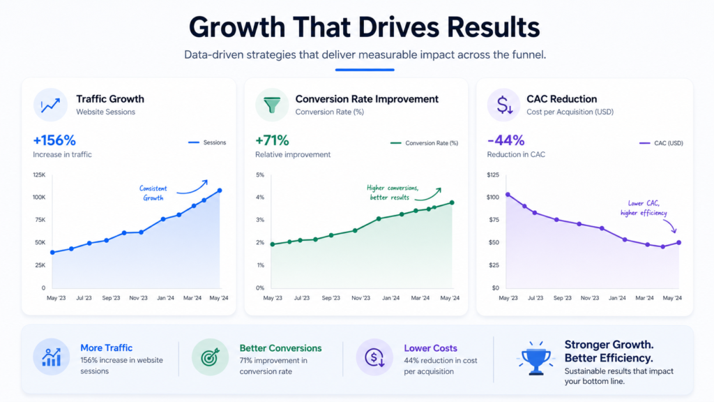 Traffic growth, Conversion rate improvement and CAC reduction