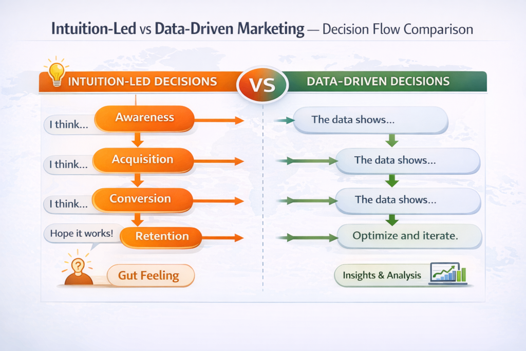  comparison diagram showing decision flow differences between intuition-led and data-driven marketing approaches across funnel strategy stages