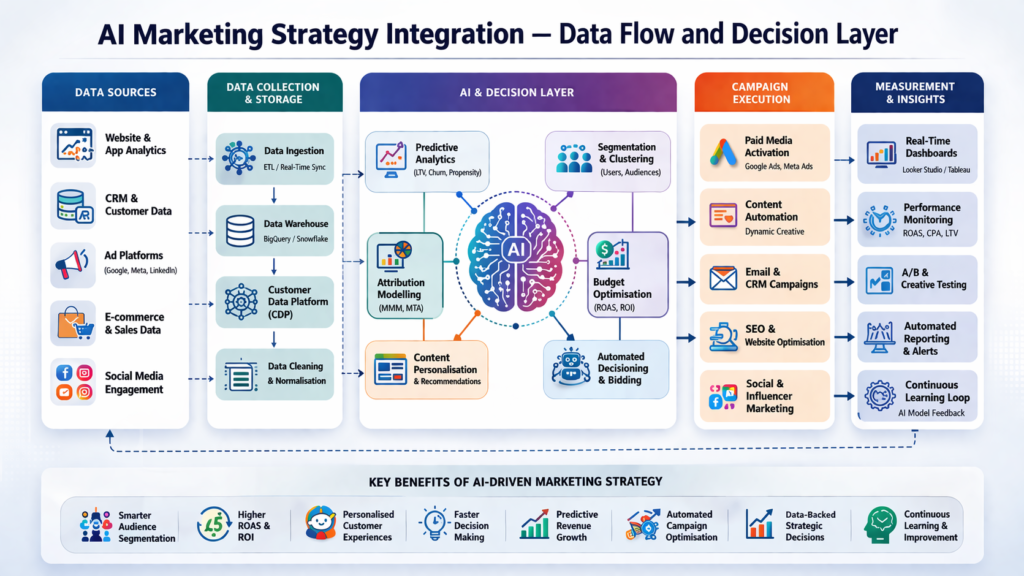 architecture diagram showing AI marketing strategy integration with data collection attribution and campaign execution layers in a data-driven marketing system