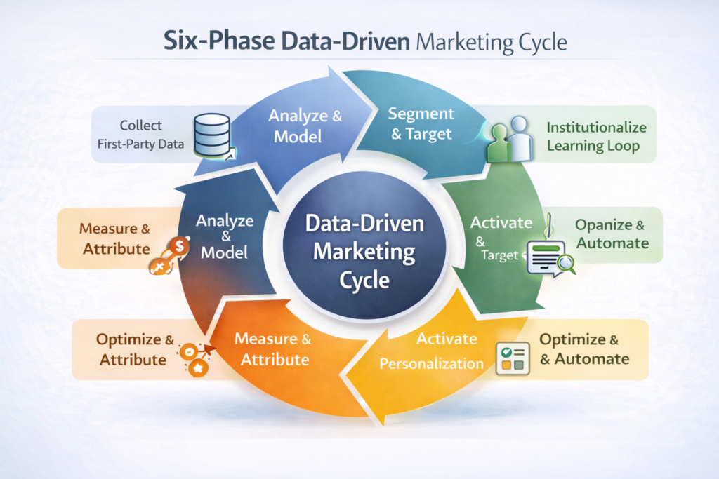  circular diagram showing the six-phase data-driven marketing implementation cycle from first-party data collection through institutionalised learning loop
