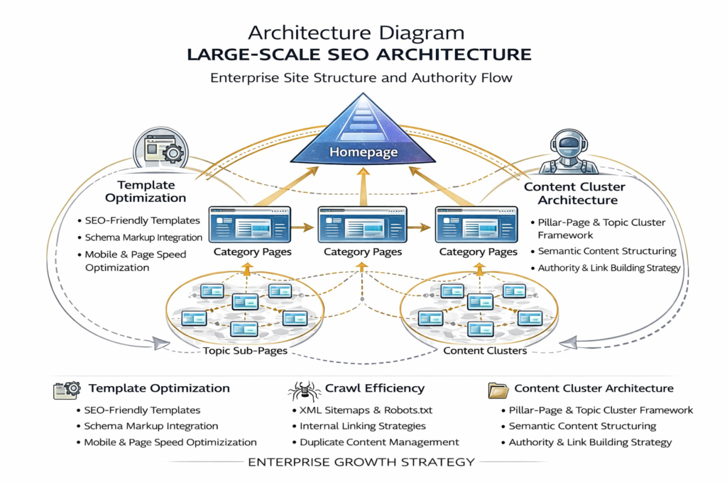 architecture diagram showing large-scale SEO site structure including template optimisation crawl efficiency and content cluster architecture for enterprise growth strategy