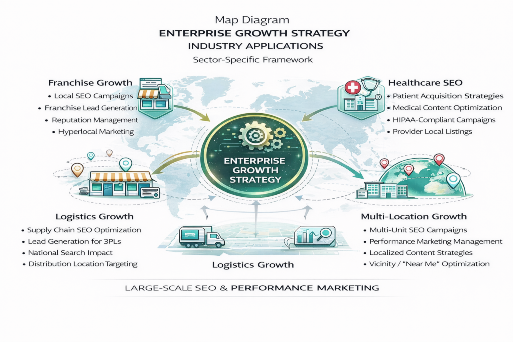 map diagram showing enterprise growth strategy applications across franchise healthcare logistics and multi-location sectors with large-scale SEO and performance marketing integration