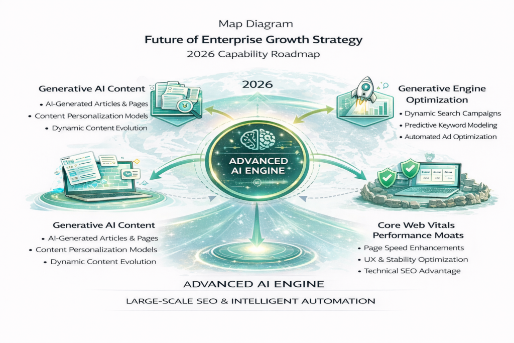 trend visualization showing future enterprise growth strategy capabilities including generative AI content generative engine optimisation and Core Web Vitals performance moats for large-scale SEO