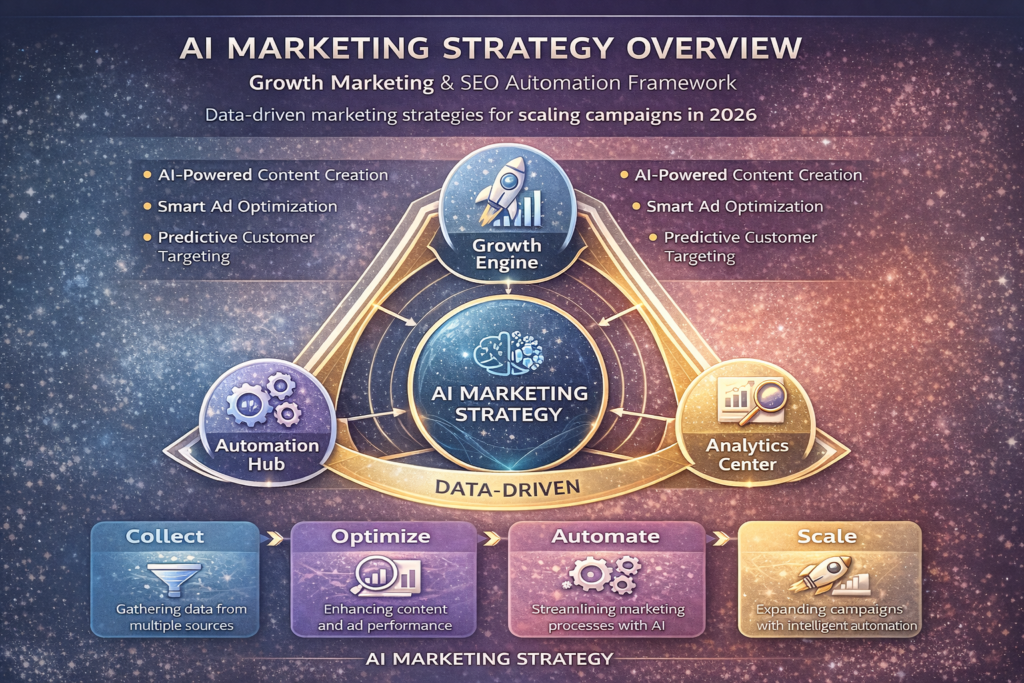 infographic showing AI marketing strategy framework covering growth marketing SEO automation and data-driven marketing for scaling campaigns in 2026