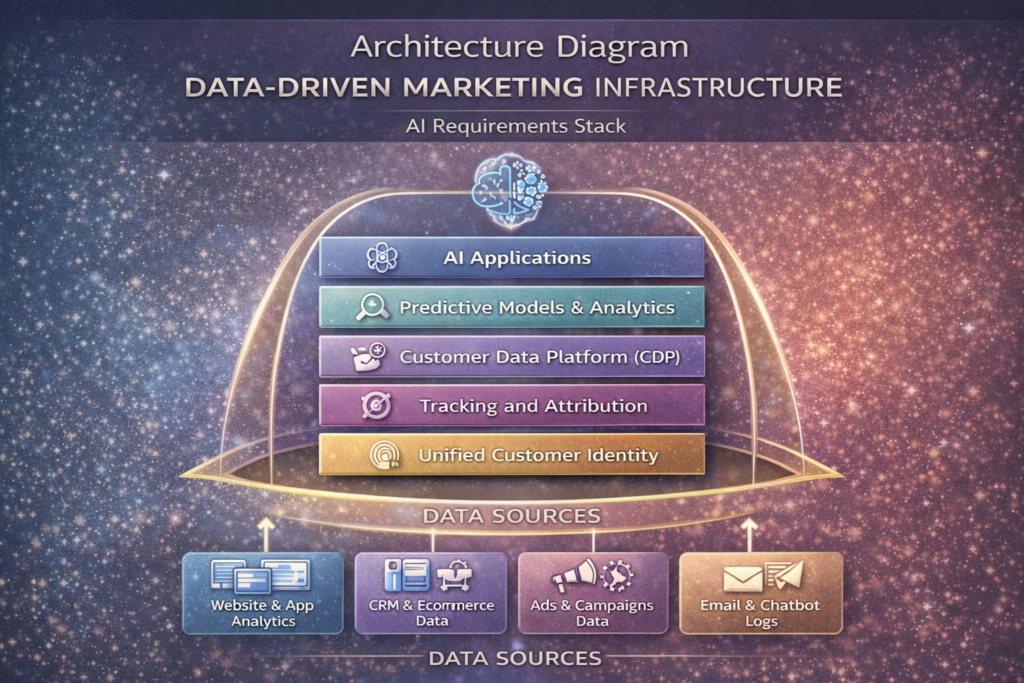 architecture diagram showing data-driven marketing infrastructure requirements for AI marketing strategy including tracking attribution and unified customer identity