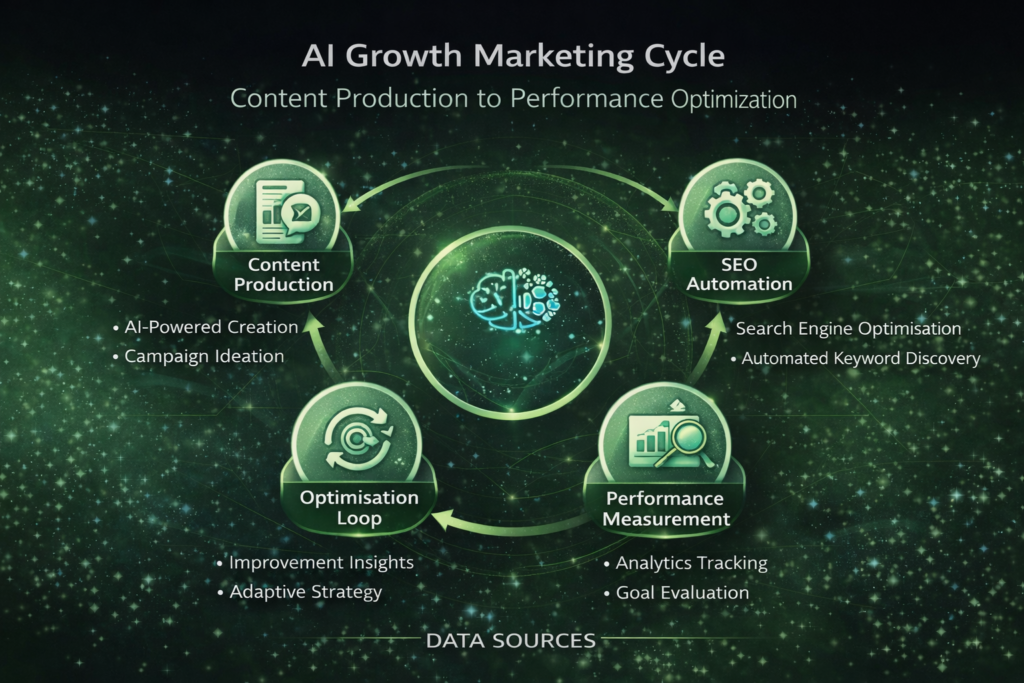 process diagram showing AI growth marketing cycle from content production through SEO automation to performance measurement and optimisation loop