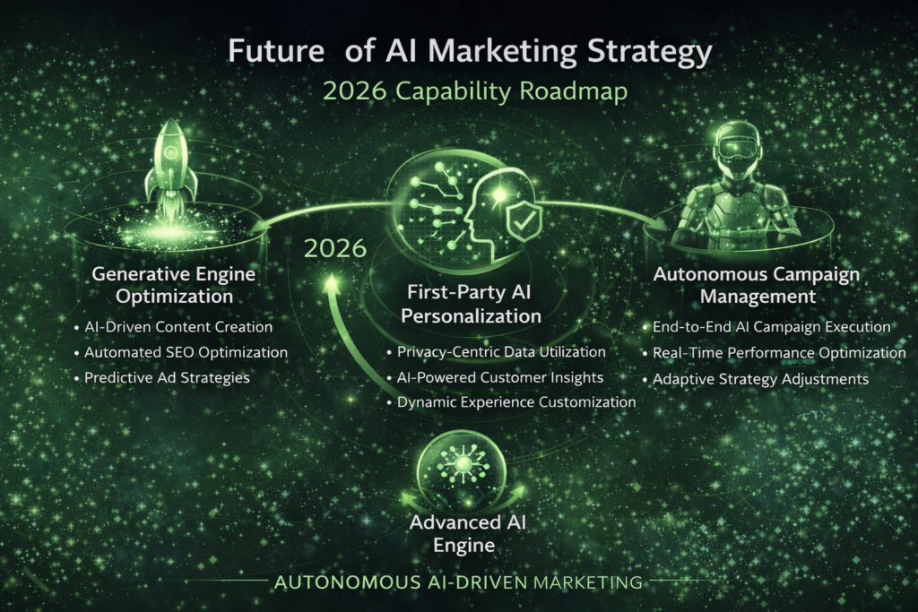 trend visualization showing future AI marketing strategy capabilities including generative engine optimisation first-party AI personalisation and autonomous campaign management