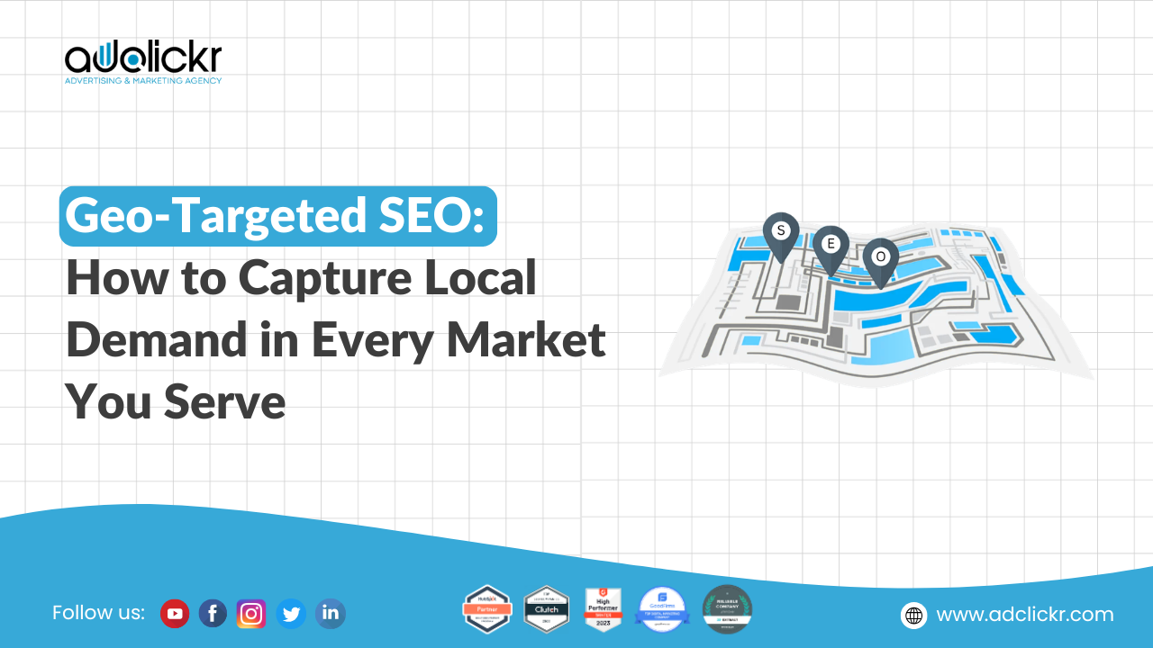 Geo-targeted SEO strategy map showing local demand capture across multiple markets