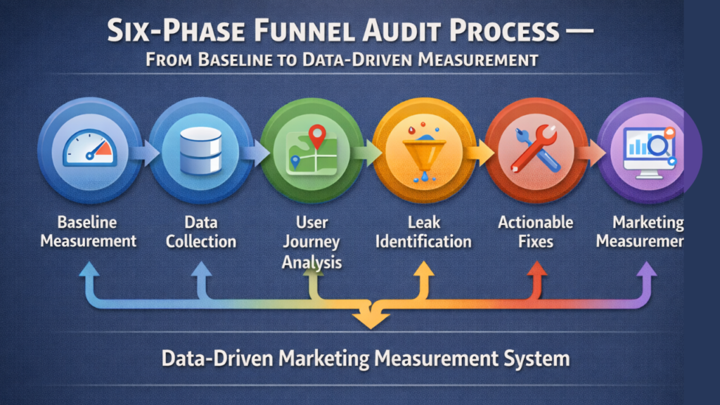 process diagram showing the six-phase funnel audit process from funnel baseline measurement through user journey analysis to data-driven marketing measurement system