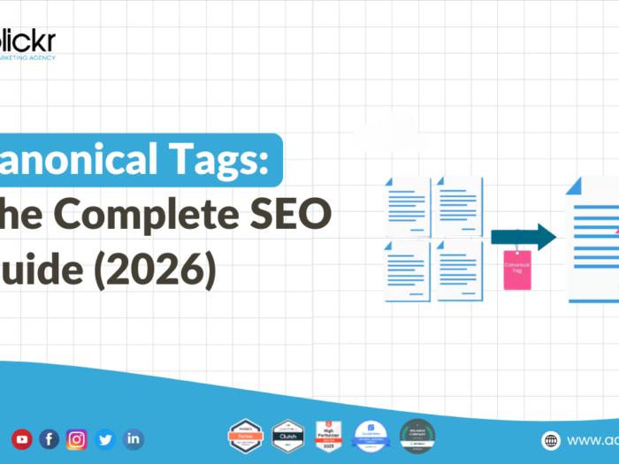 Cover banner for a Canonical Tags SEO guide featuring the title ‘Canonical Tags: The Complete SEO Guide (2026)’ with illustrations showing duplicate pages being consolidated into a preferred page using canonical tags, alongside Adclickr branding and social media icons.