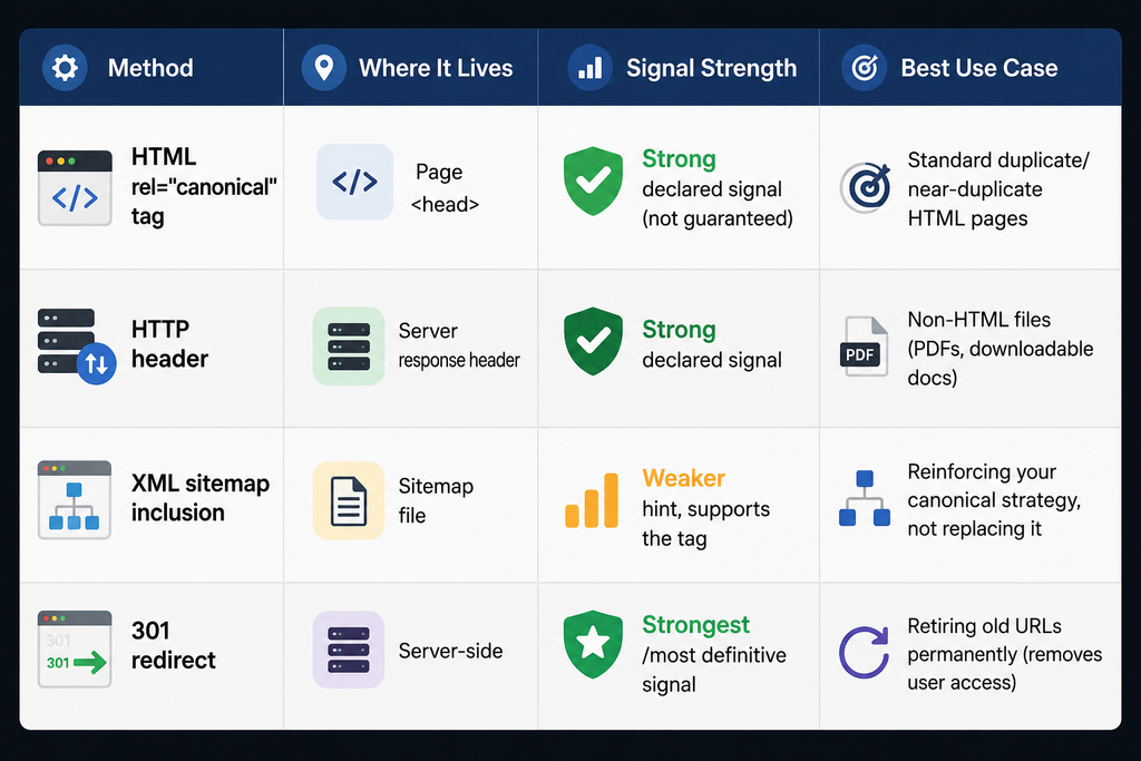 Comparison table showing HTML canonical tags, HTTP headers, XML sitemap inclusion, and 301 redirects, including where each method is implemented, its signal strength, and the best use case for canonicalization and duplicate URL management.