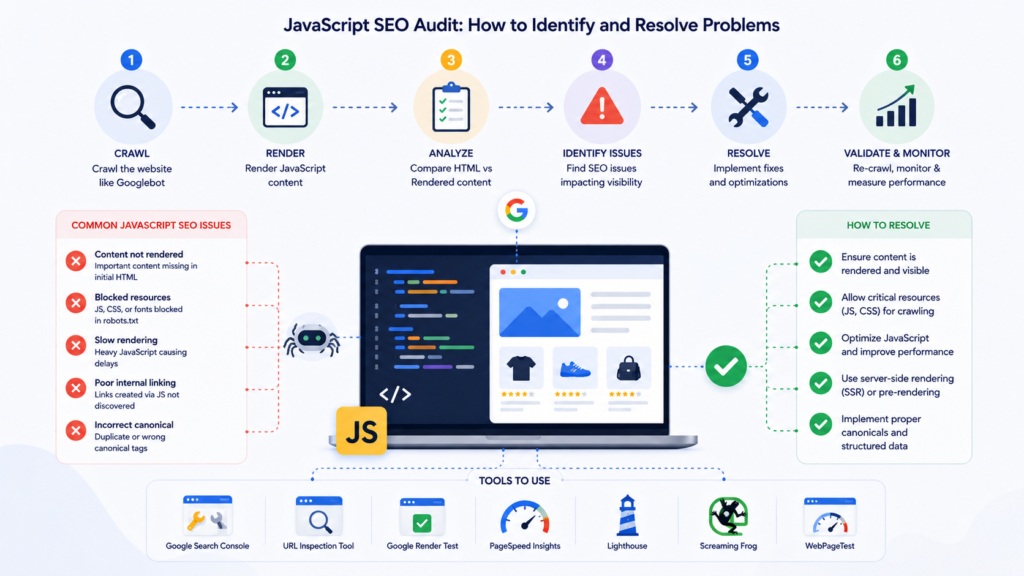 Infographic illustrating a JavaScript SEO audit process, showing how to identify and resolve issues related to crawling, rendering, indexing, blocked resources, slow performance, canonical tags, and structured data using SEO audit tools and optimization techniques.