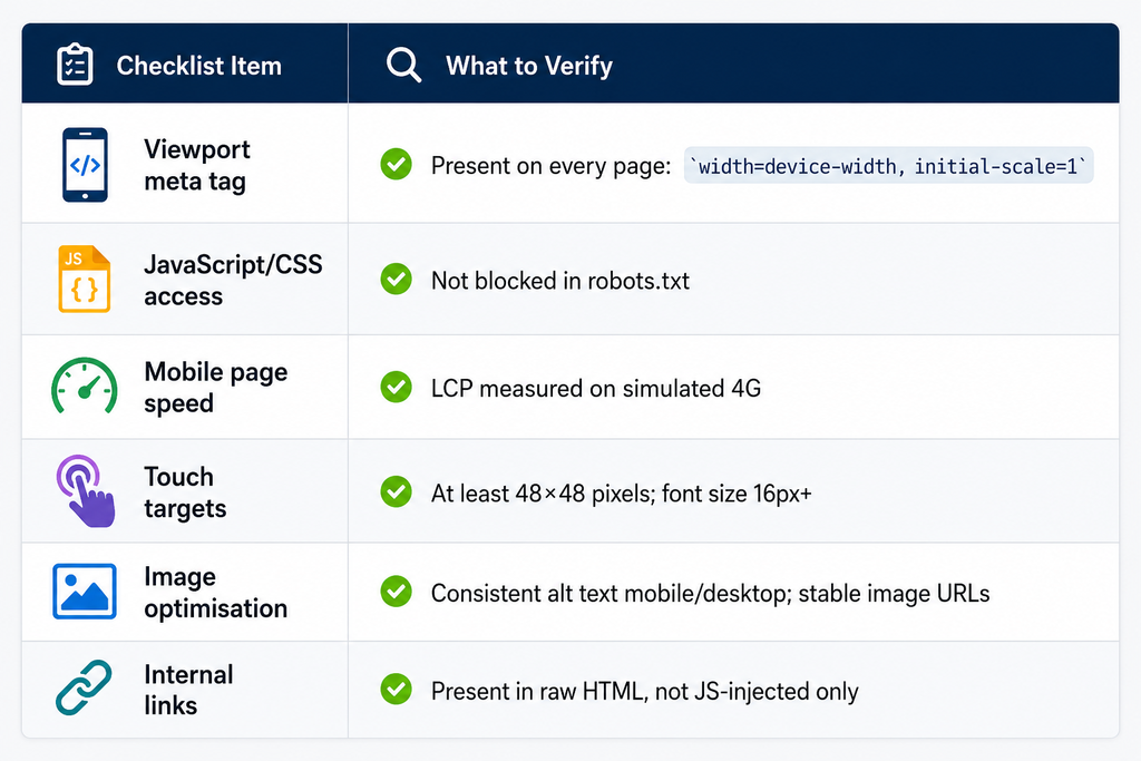 Mobile SEO checklist table covering viewport meta tags, JavaScript and CSS access, mobile page speed, touch target sizes, image optimisation, and internal links with key verification requirements.