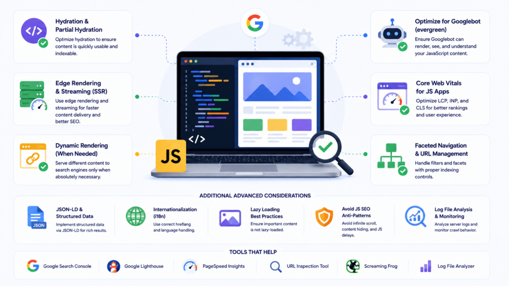 Advanced JavaScript SEO infographic featuring modern optimization concepts such as hydration, server-side rendering, dynamic rendering, Core Web Vitals, Googlebot optimization, structured data, lazy loading, and log file analysis for improved crawling, indexing, and search performance.