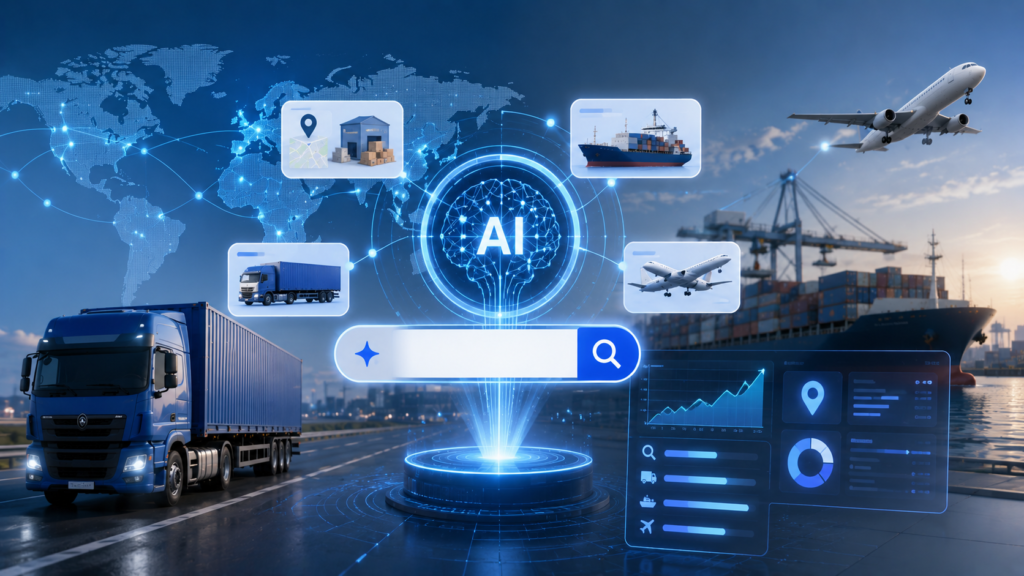 Modern futuristic infographic illustrating AI search and logistics visibility, featuring AI-powered search interfaces, logistics networks, trucks, cargo ships, airplanes, data analytics dashboards, and digital visibility concepts for transportation and supply chain businesses.