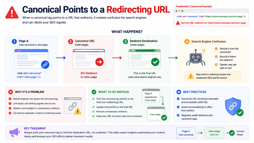 SEO infographic explaining the issue of canonical tags pointing to redirecting URLs, showing how redirects can confuse search engines, weaken ranking signals, and create indexing problems, along with recommended best practices.