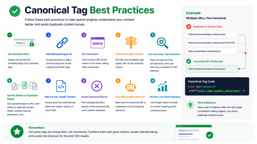 Infographic outlining canonical tag best practices for SEO, including using absolute URLs, self-referencing canonicals, consistent URL formats, avoiding canonical chains, and monitoring duplicate content issues.