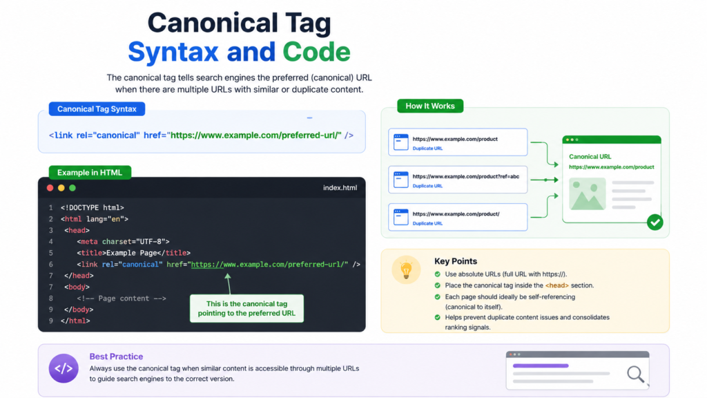 Educational infographic showing canonical tag syntax and HTML code example, explaining how canonical URLs help search engines identify the preferred page version and prevent duplicate content issues for SEO.
