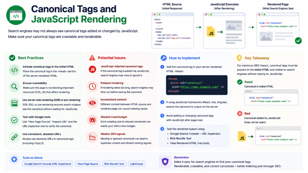 Educational infographic explaining how canonical tags work with JavaScript rendering, highlighting SEO best practices, server-side rendering recommendations, rendering issues, and how search engines process canonical URLs in rendered pages.