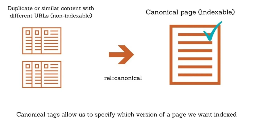 Canonical tags SEO illustration showing duplicate URLs pointing to one canonical page for better search engine indexing