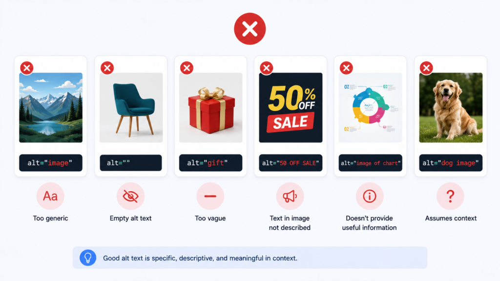Infographic illustrating common image alt text mistakes to avoid, featuring examples of missing alt text, keyword stuffing, vague descriptions, file-name-based alt text, and accessibility errors with visual warning icons and SEO optimization concepts.