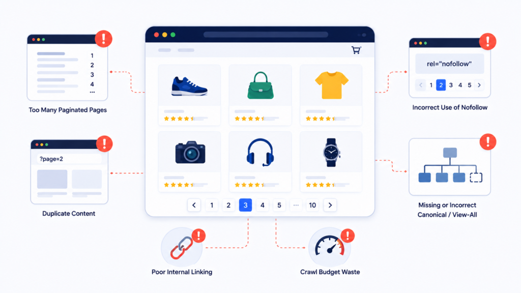 Infographic illustrating common pagination SEO issues, including duplicate content, excessive paginated pages, crawl budget waste, poor internal linking, incorrect nofollow usage, and missing canonical or view-all page configurations.