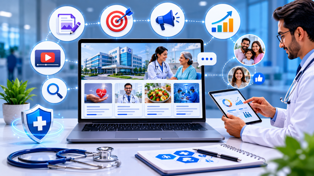 Modern healthcare marketing infographic illustrating a content marketing strategy for hospitals, featuring medical blog content, patient engagement, video marketing, email communication, SEO growth analytics, healthcare professionals, and family-focused digital healthcare content.