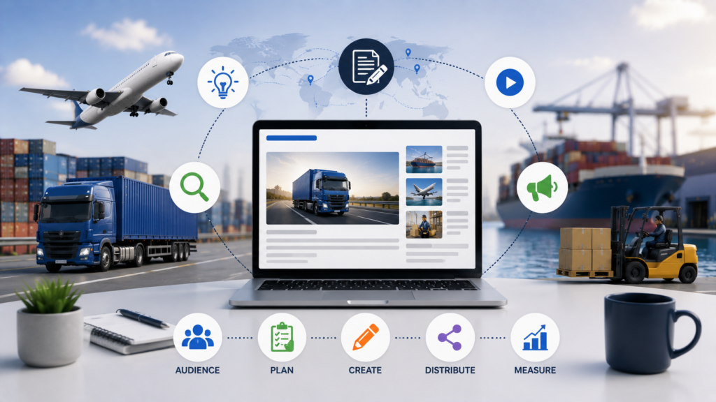 Modern infographic illustrating a content marketing strategy for logistics companies, featuring digital marketing dashboards, blog content creation, SEO analytics, transportation and shipping visuals, social media promotion, and lead generation concepts for logistics businesses.