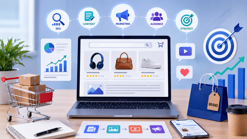 Modern ecommerce marketing infographic illustrating SEO and content strategy, featuring an online store dashboard, product listings, SEO analytics, audience targeting, content creation, digital marketing channels, branding elements, and ecommerce growth metrics.