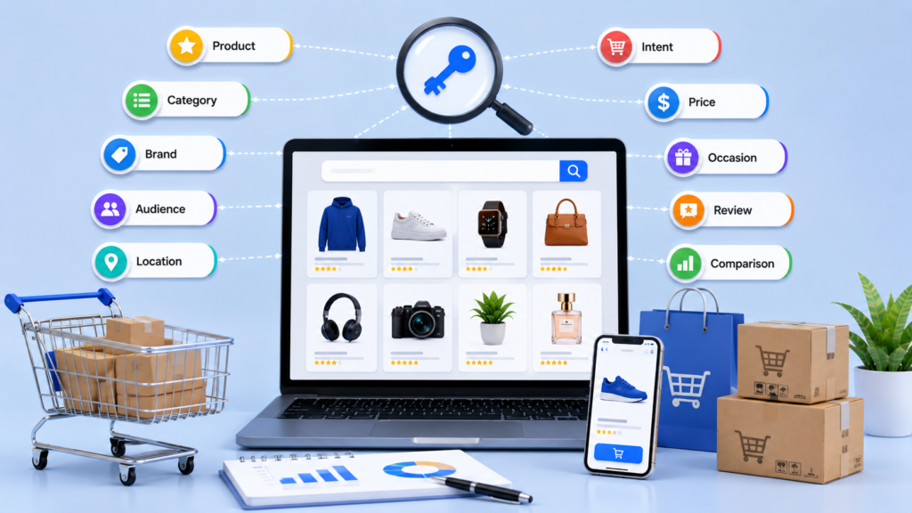 Modern ecommerce SEO infographic illustrating keyword targeting strategies, featuring product categories, search icons, shopping carts, keyword clusters, analytics dashboards, and digital marketing visuals used by ecommerce SEO experts to improve online store visibility and rankings.