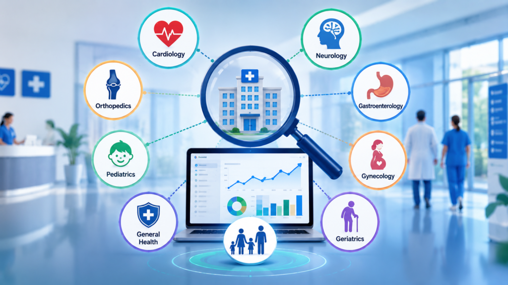 Modern infographic illustrating family-focused keywords for hospital SEO, featuring healthcare search concepts, parents and children, hospital website optimization, local medical search visibility, pediatric and family care services, and digital healthcare marketing elements.