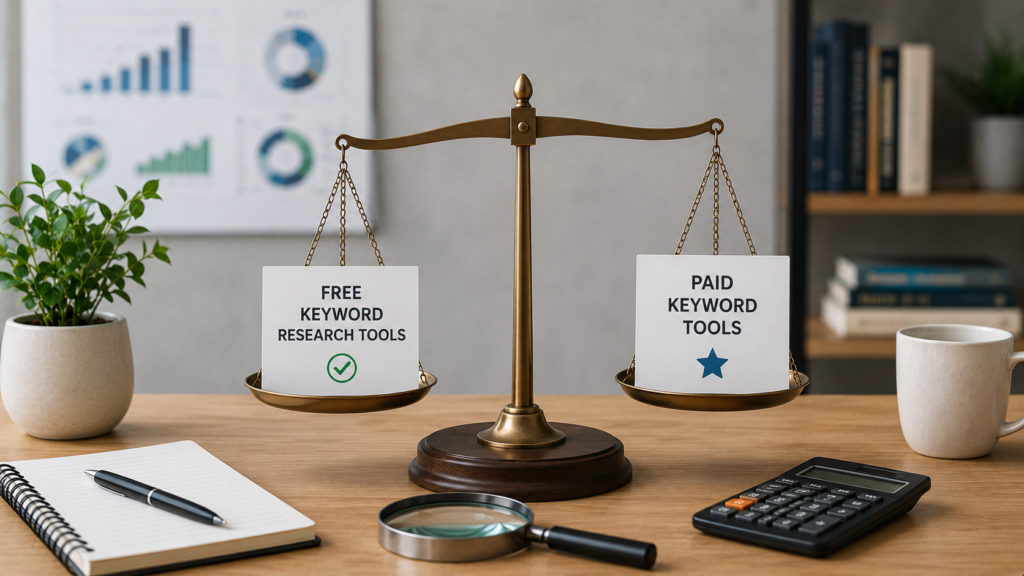 Realistic office workspace featuring a balance scale comparing free keyword research tools and paid SEO tools, symbolizing cost versus features. The scene includes analytics charts, a calculator, notebook, magnifying glass, and professional desk accessories, illustrating the evaluation of SEO tool options for keyword research and digital marketing.