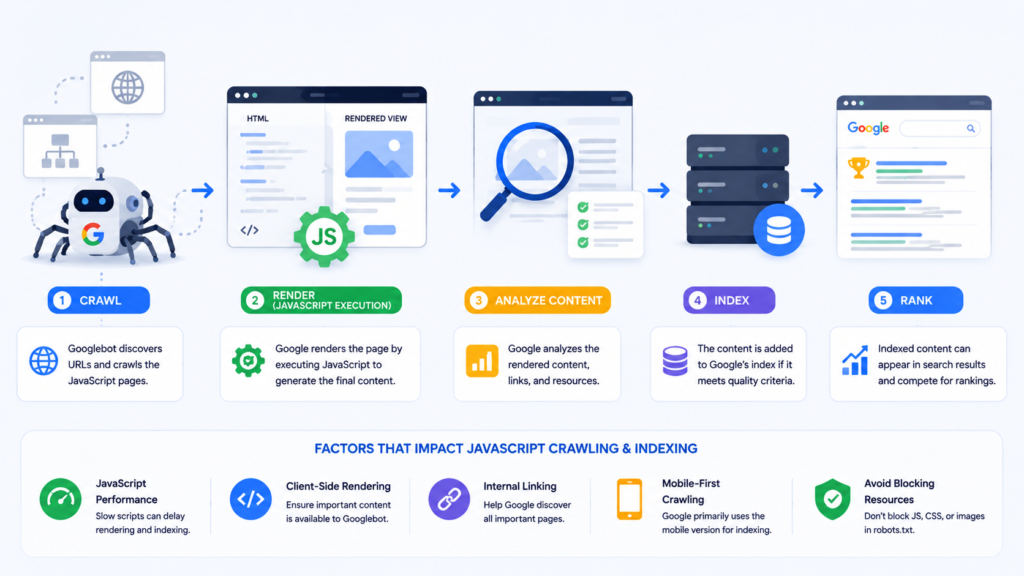 Infographic illustrating how Google crawls and indexes JavaScript websites, showing the process of crawling, JavaScript rendering, content analysis, indexing, and ranking, along with factors affecting JavaScript SEO performance.