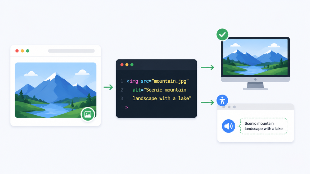Infographic explaining how image alt text works in HTML, featuring an image element, HTML code snippet with an alt attribute, browser rendering, and accessibility support for screen readers and SEO optimization.