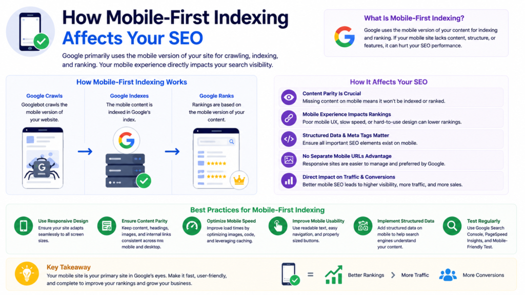 Infographic explaining how mobile-first indexing affects SEO, showing how Google crawls, indexes, and ranks mobile versions of websites, along with best practices for responsive design, mobile usability, content parity, and speed optimization.