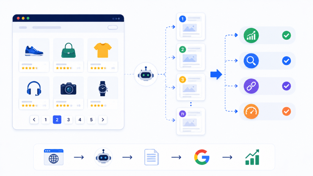 Infographic illustrating how pagination improves SEO, featuring paginated product listings, search engine crawling flow, indexed pages, and SEO benefits such as better crawlability, indexing, internal linking, and website performance.