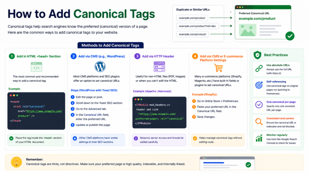 Step-by-step infographic showing how to add canonical tags in HTML, CMS platforms like WordPress, HTTP headers, and e-commerce settings, including SEO best practices for canonical URLs.
