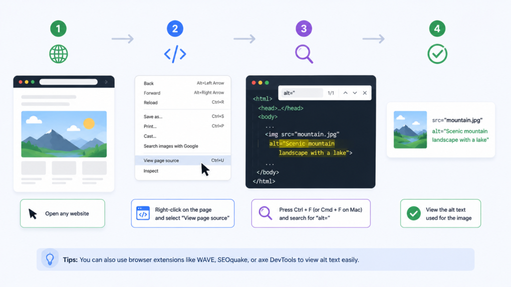 Modern infographic showing how to check image alt text on a website, featuring a browser inspection interface, HTML image tags with alt attributes, accessibility tools, SEO analysis icons, and website auditing concepts.