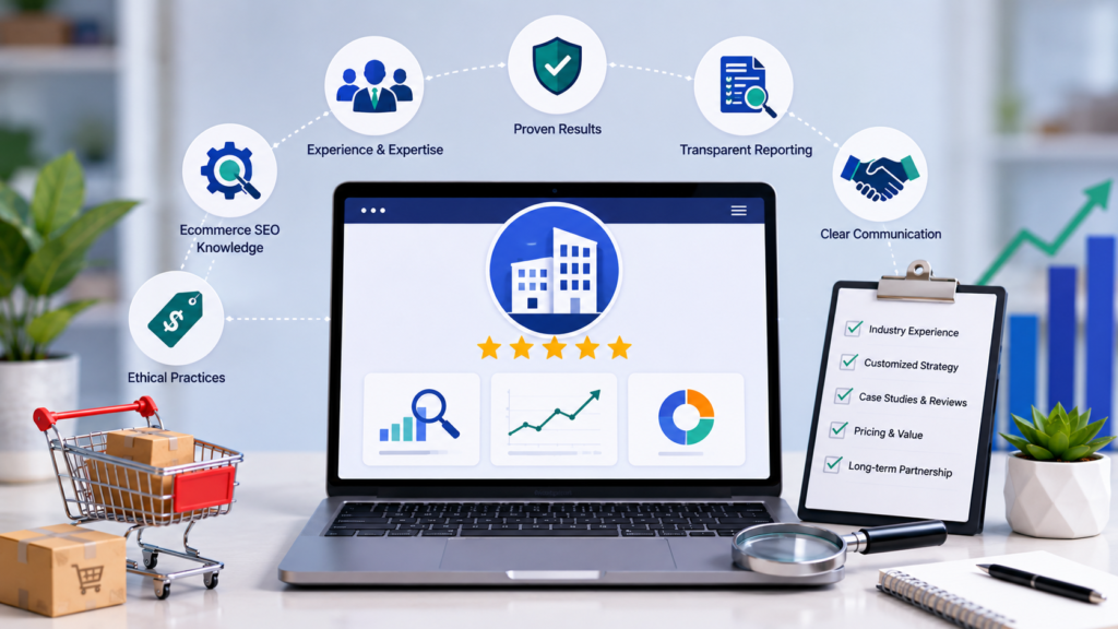 Modern infographic illustrating how to choose the best ecommerce SEO agency, featuring SEO performance dashboards, ecommerce analytics, transparent reporting, expert consultation, checklist evaluation, digital marketing strategy icons, and online store growth indicators.