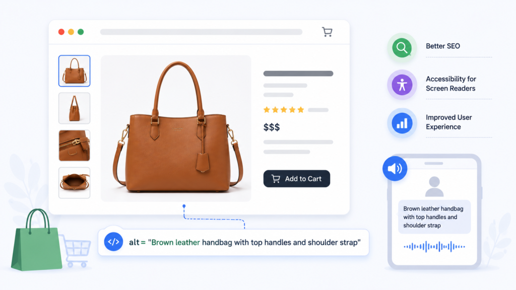 Modern infographic illustrating image alt text for eCommerce products, featuring an online shopping product page with descriptive alt text, accessibility support, SEO optimization benefits, and improved user experience for product images.