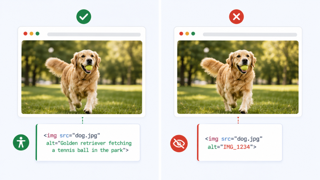Modern infographic comparing good vs bad image alt text examples, featuring sample website images, descriptive versus vague alt text labels, accessibility indicators, and SEO-friendly image optimization concepts.